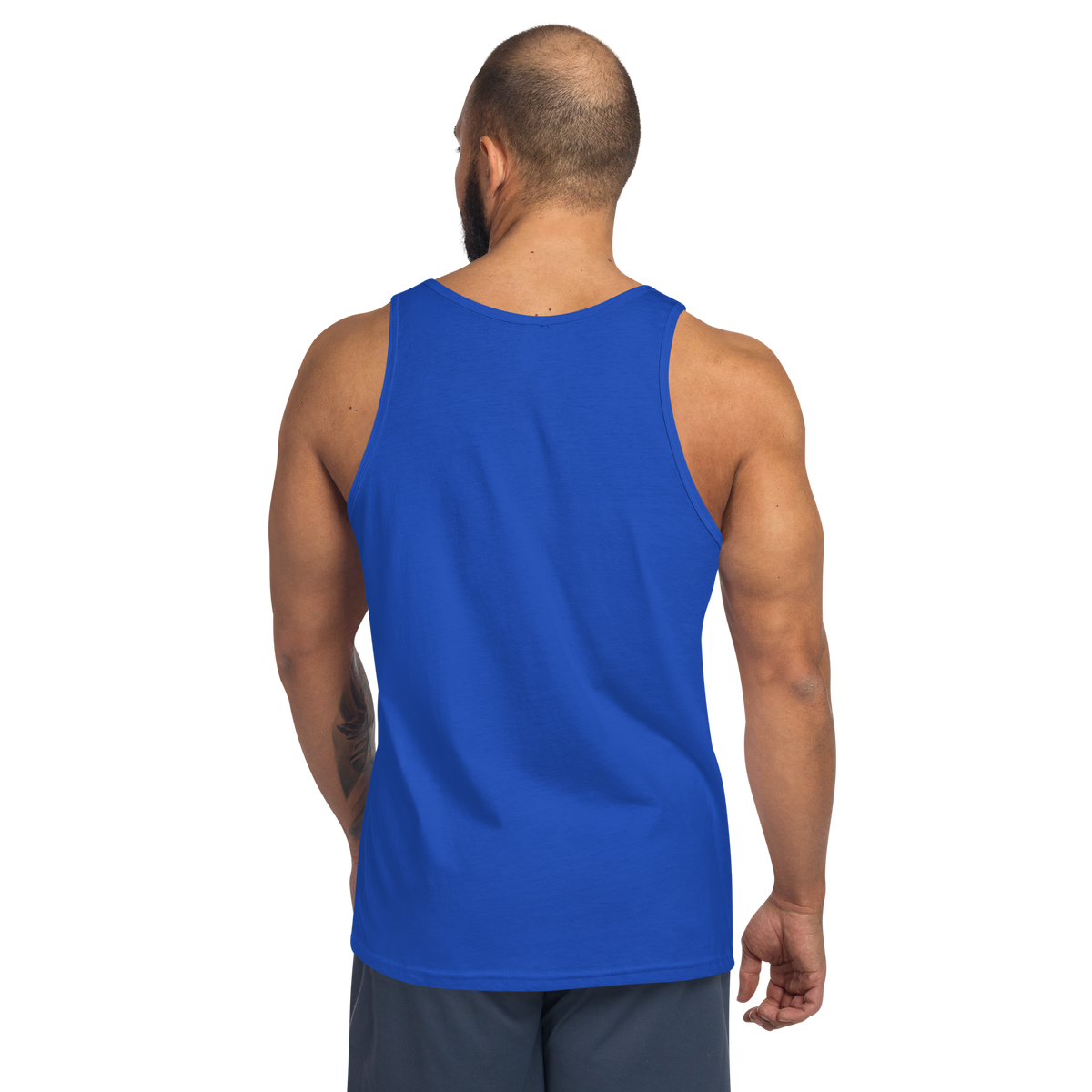 True royal blue sleeveless tank top with crew neck, back view