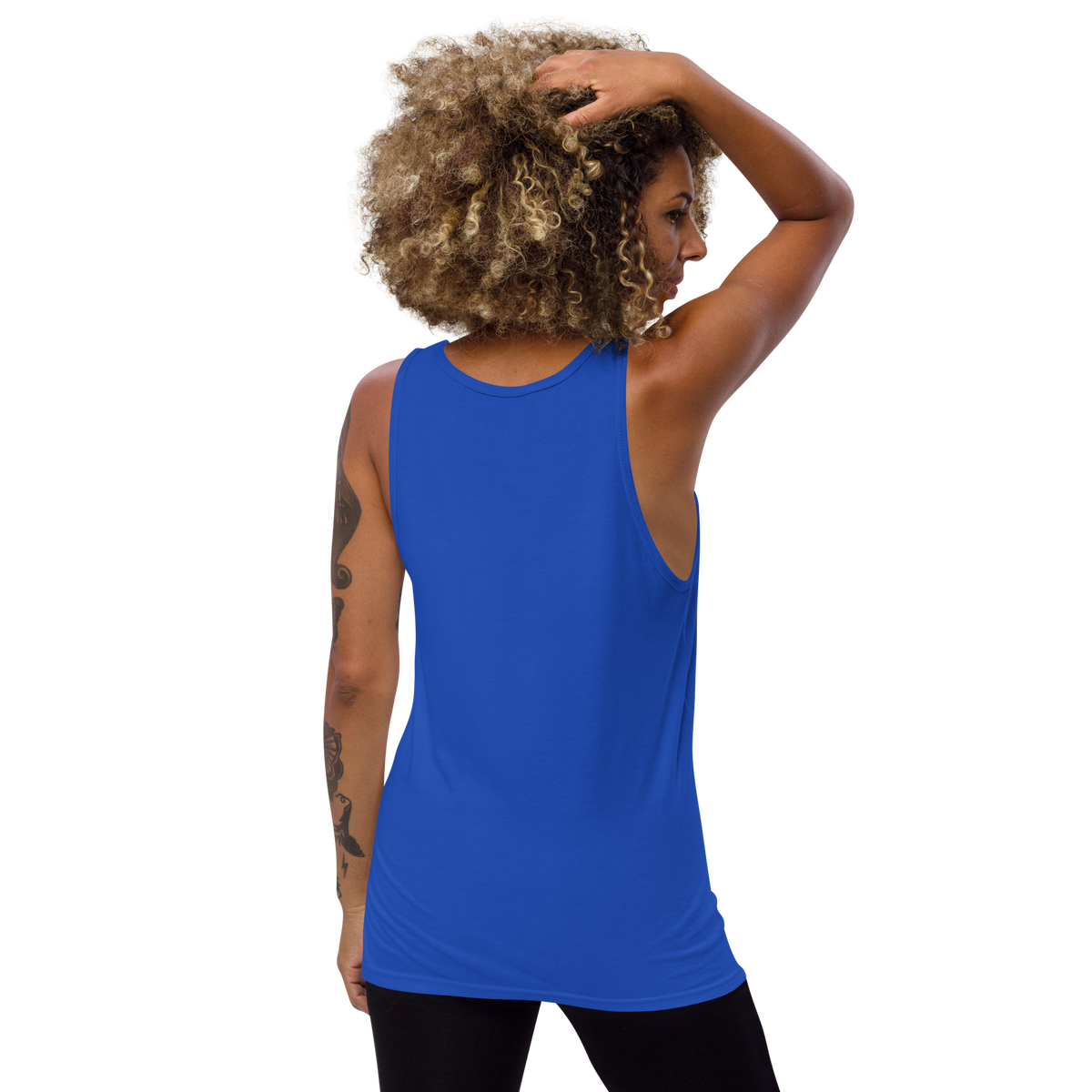 True Royal blue tank top with scoop neck, sleeveless—back view with hands overhead.