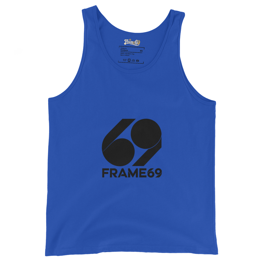 Royal blue tank top, sleeveless crew neck with FRAME69 logo graphic on front