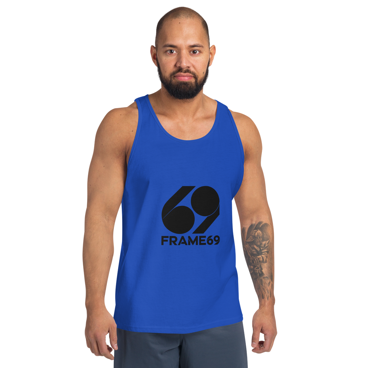 Essential tank top in royal blue, sleeveless crew neck with FRAME69 logo on chest