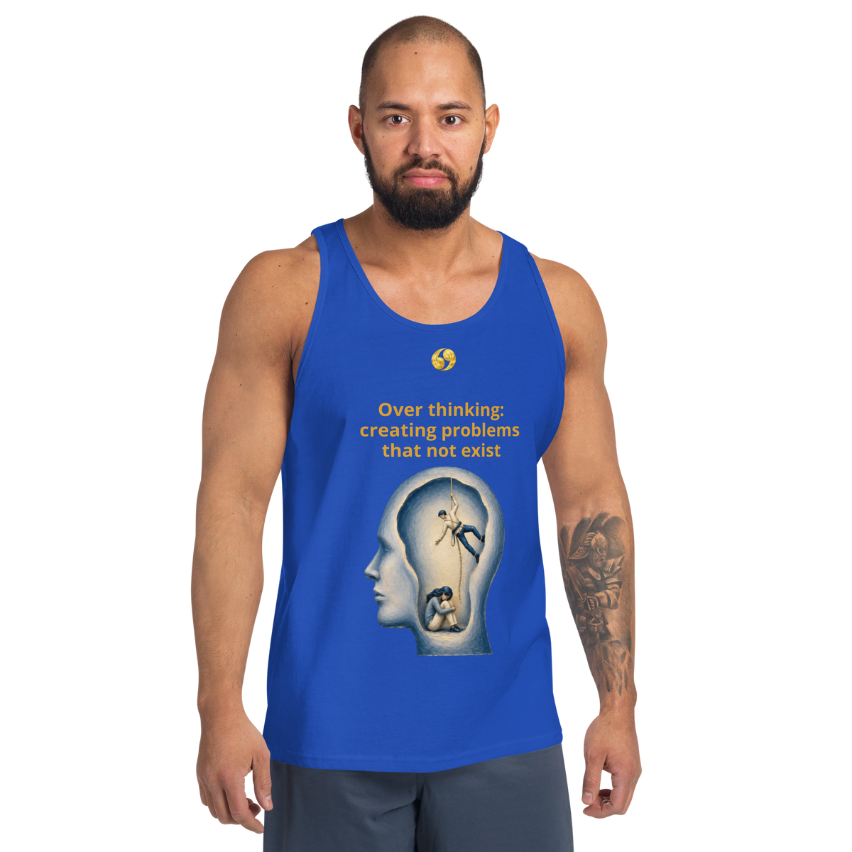True royal blue tank top with scoop neck and front graphic print.