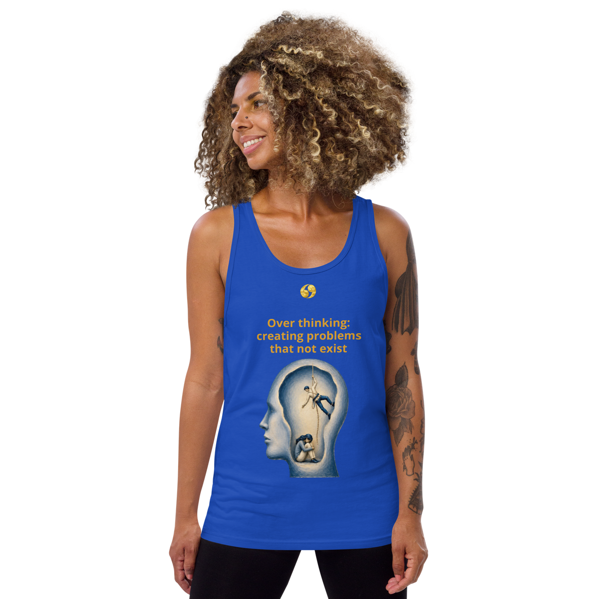 True royal blue tank top with scoop neck and front graphic print.