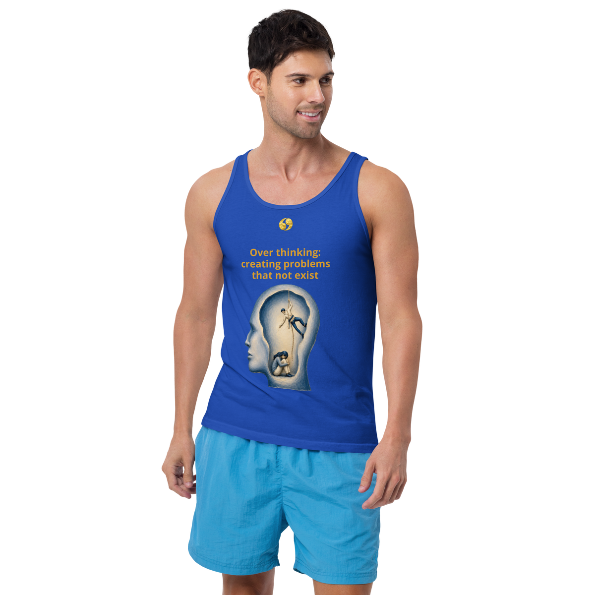 True royal blue tank top with scoop neck and front graphic design, side view.