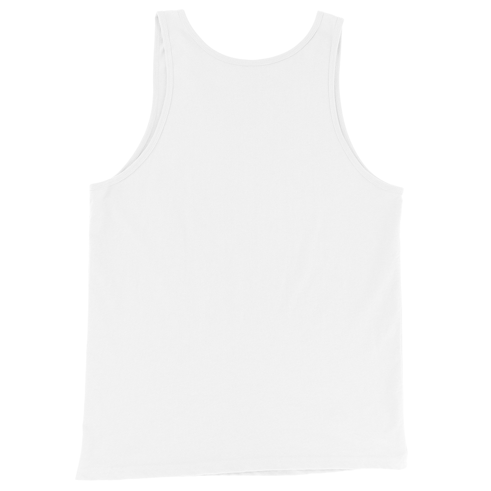 White sleeveless tank top with crew neck, no visible front graphic