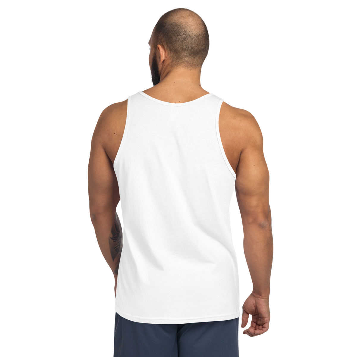 White sleeveless tank top with crew neck, back view