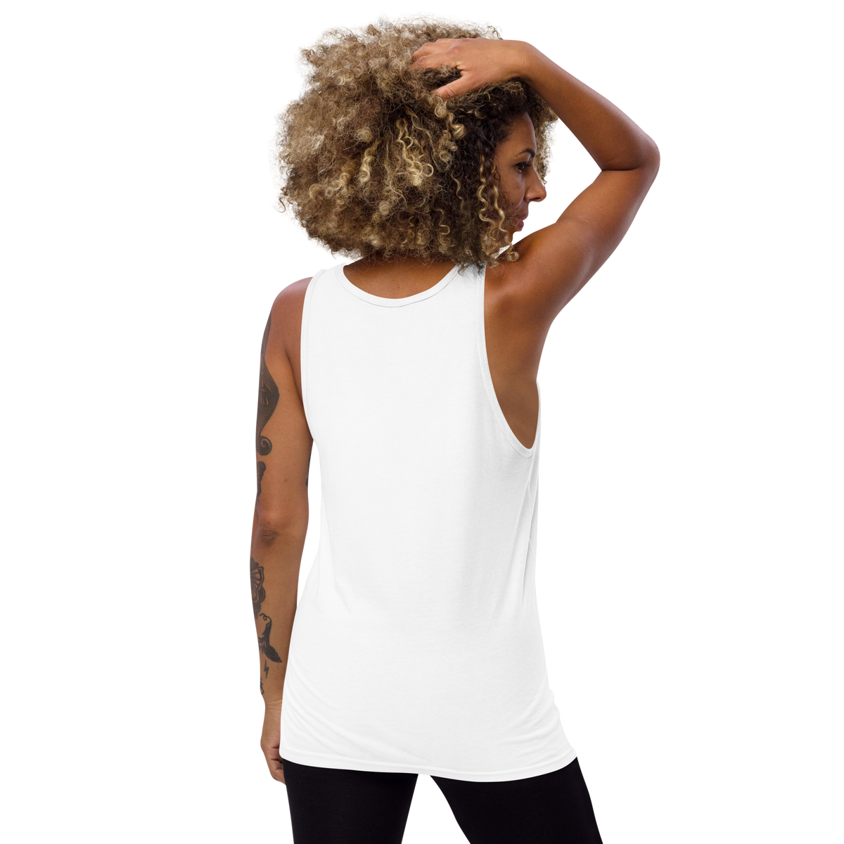 White tank top with scoop neck, sleeveless—back view, hands overhead.