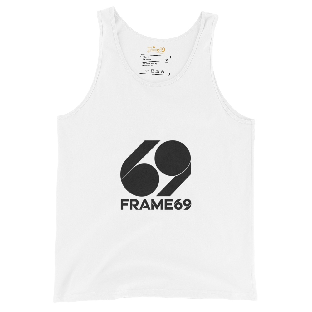 White tank top, sleeveless crew neck with FRAME69 logo graphic on front