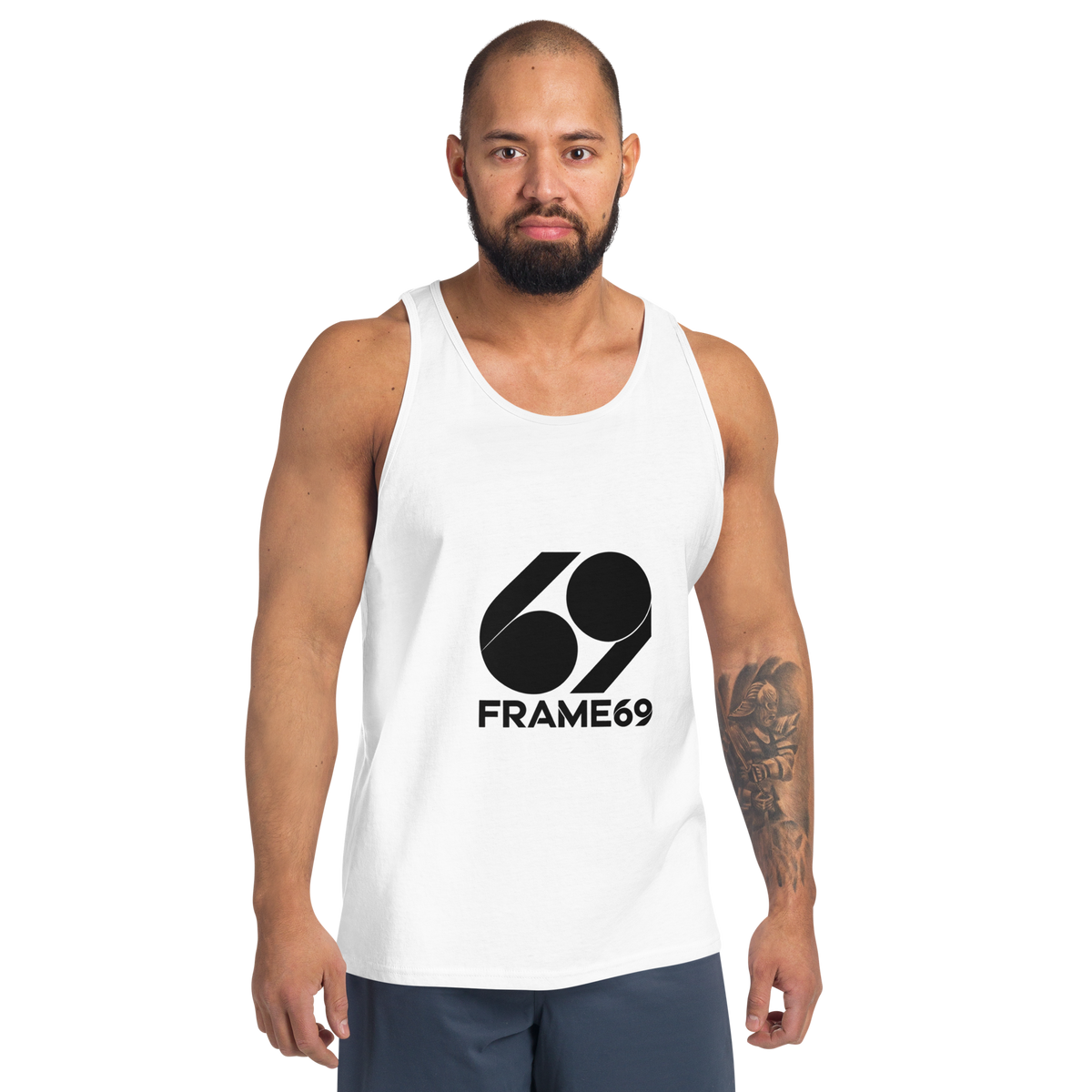White sleeveless tank top with crew neck and printed logo graphic