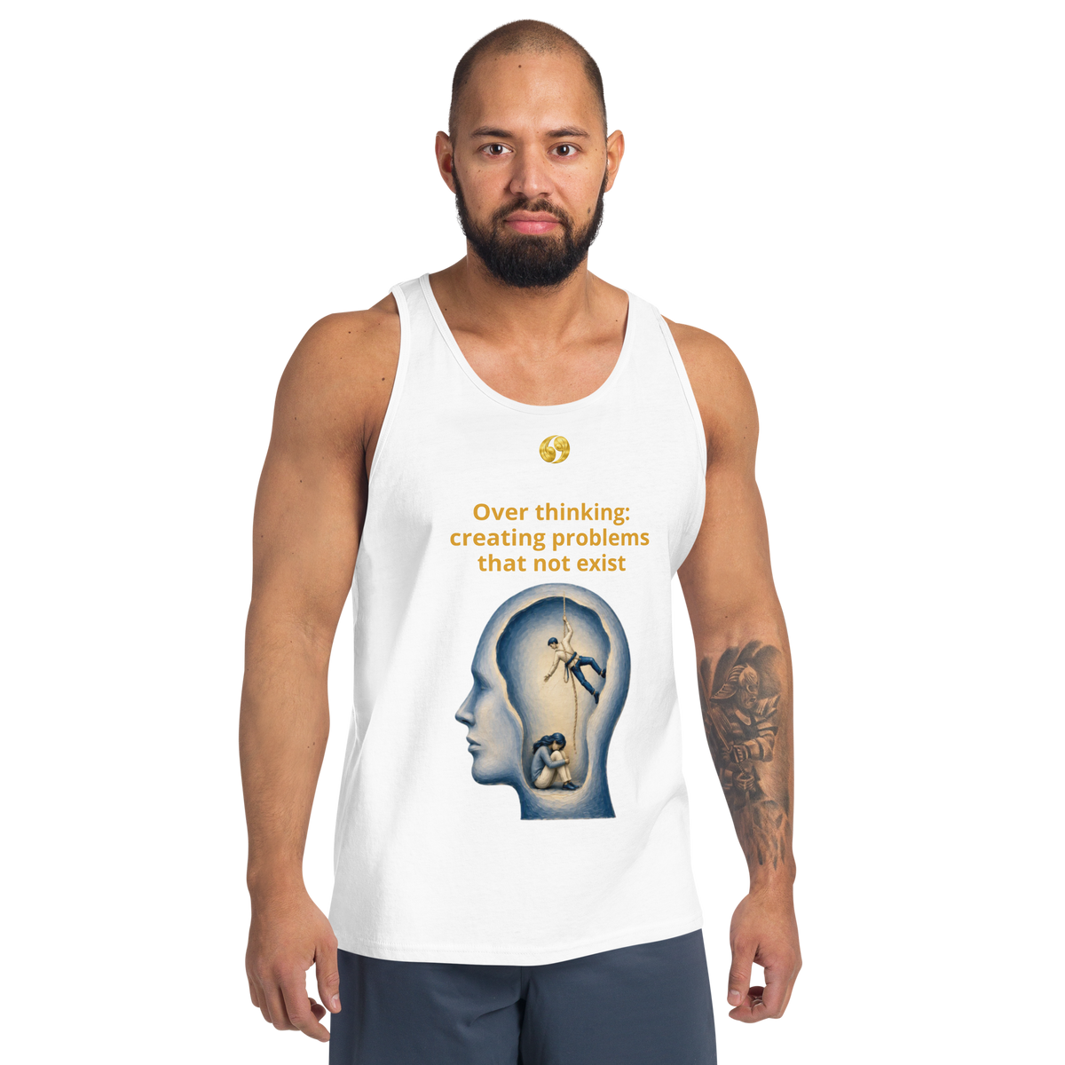 White tank top with scoop neck and front graphic print.