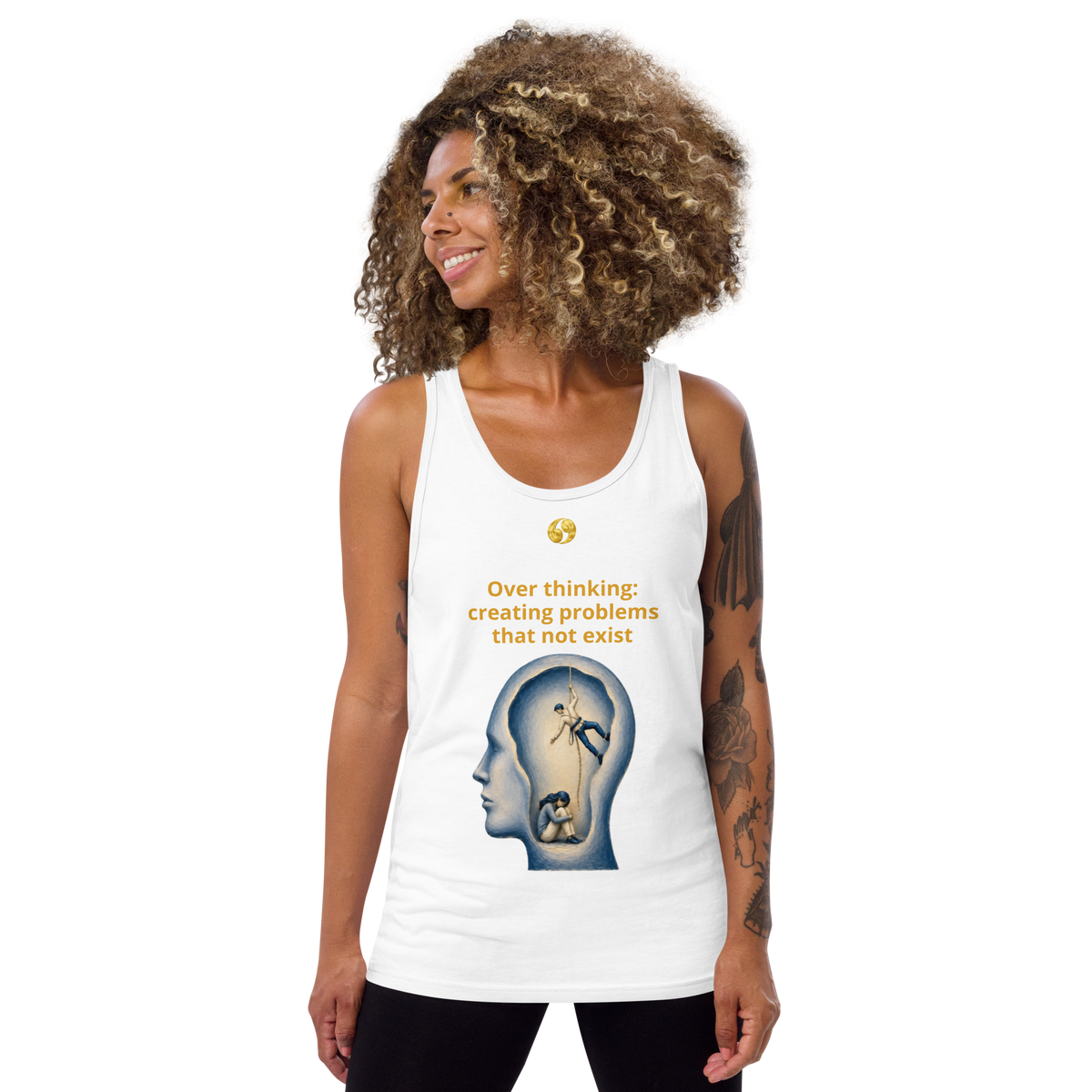 White tank top with scoop neck, sleeveless—front view.