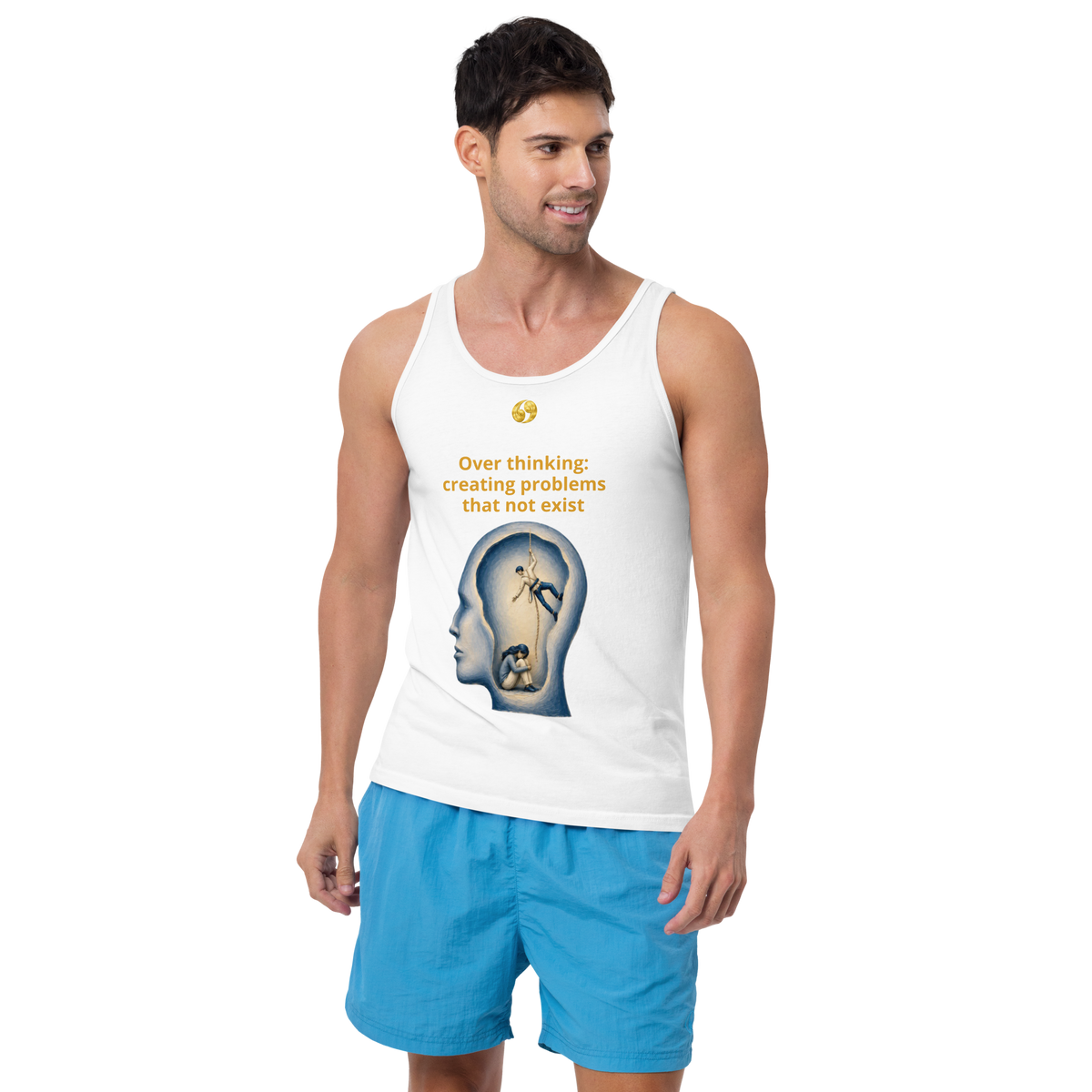 White tank top with scoop neck and front graphic print, side view.