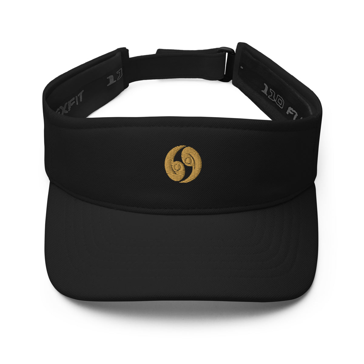 Black classic visor with curved brim, gold logo front, hook-and-loop adjustable strap