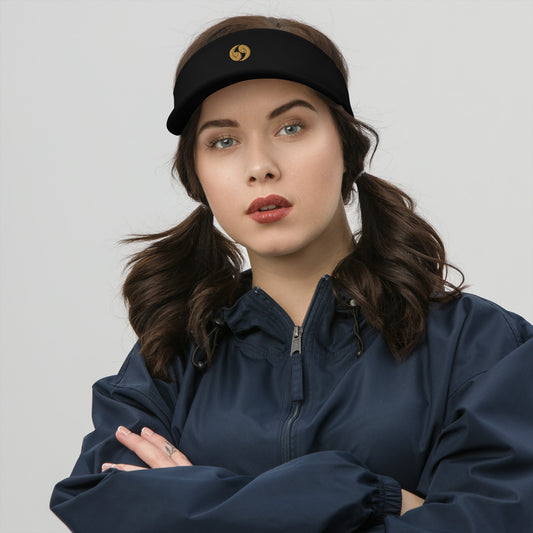 Black classic visor with curved brim and gold logo, adjustable rear band
