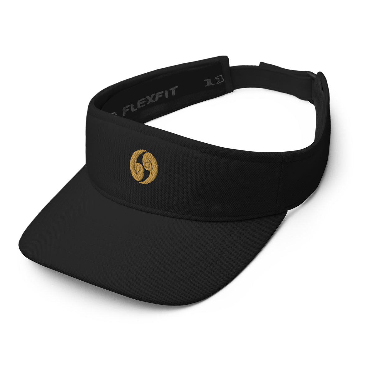 Black classic visor with curved brim and gold front logo, FLEXFIT text on inner band