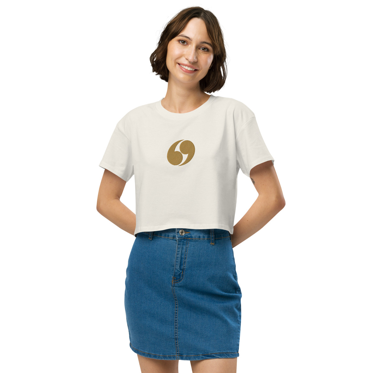 White cropped T-shirt with crew neck and small gold logo at center chest