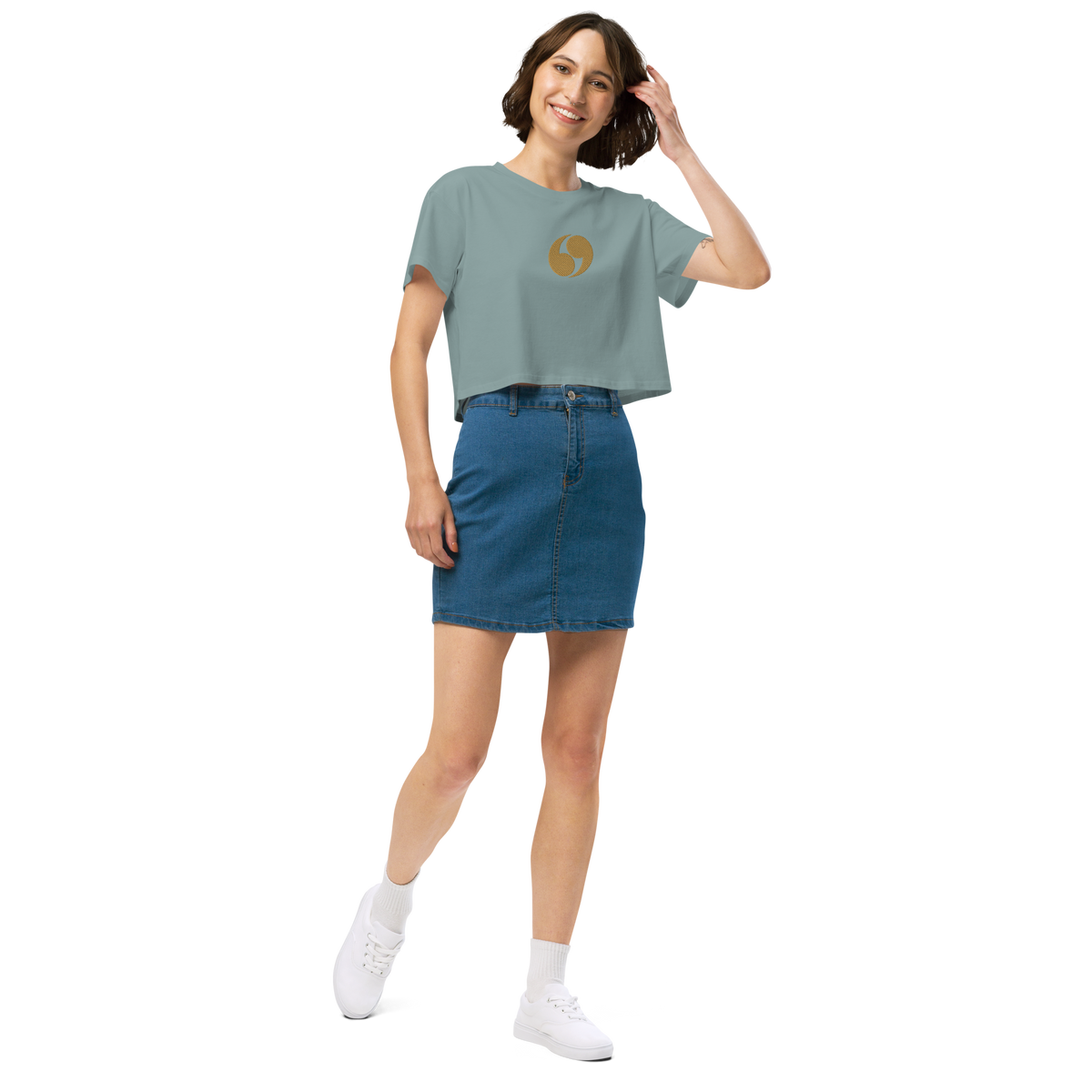 Dusty teal cropped tee with short sleeves and small gold logo