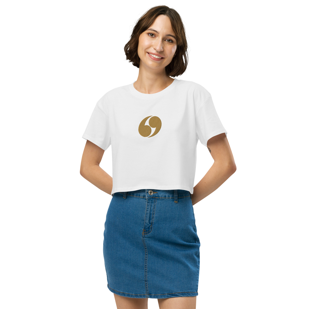 White cropped T-shirt with crew neck and small gold logo at center chest