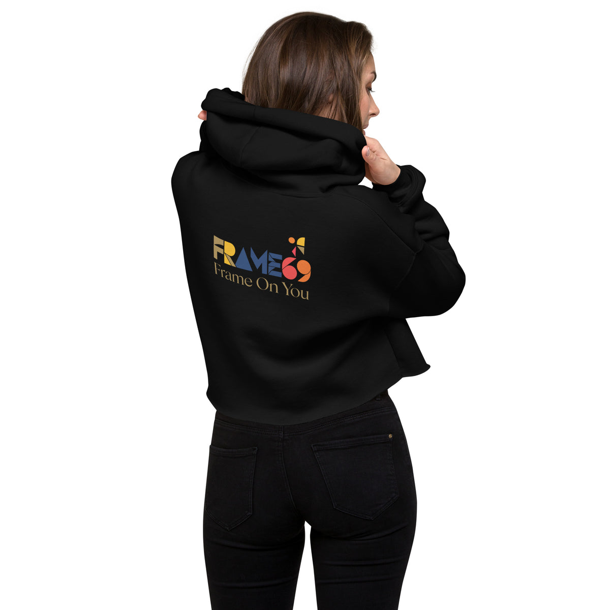Cropped black hoodie, back view with large logo graphic, hood up, long sleeves