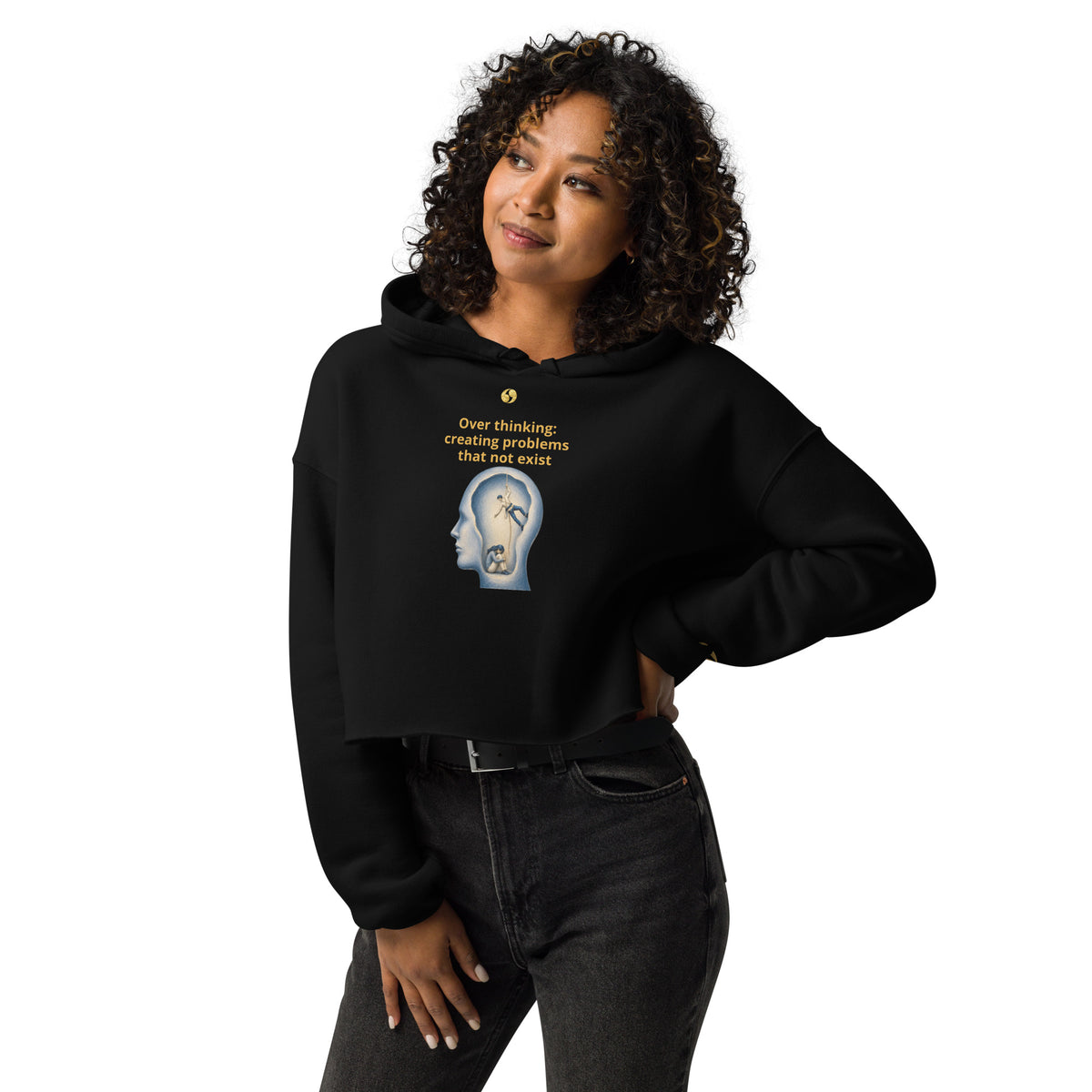 Cropped black hoodie, chest graphic print, hood, long sleeves, front pocket