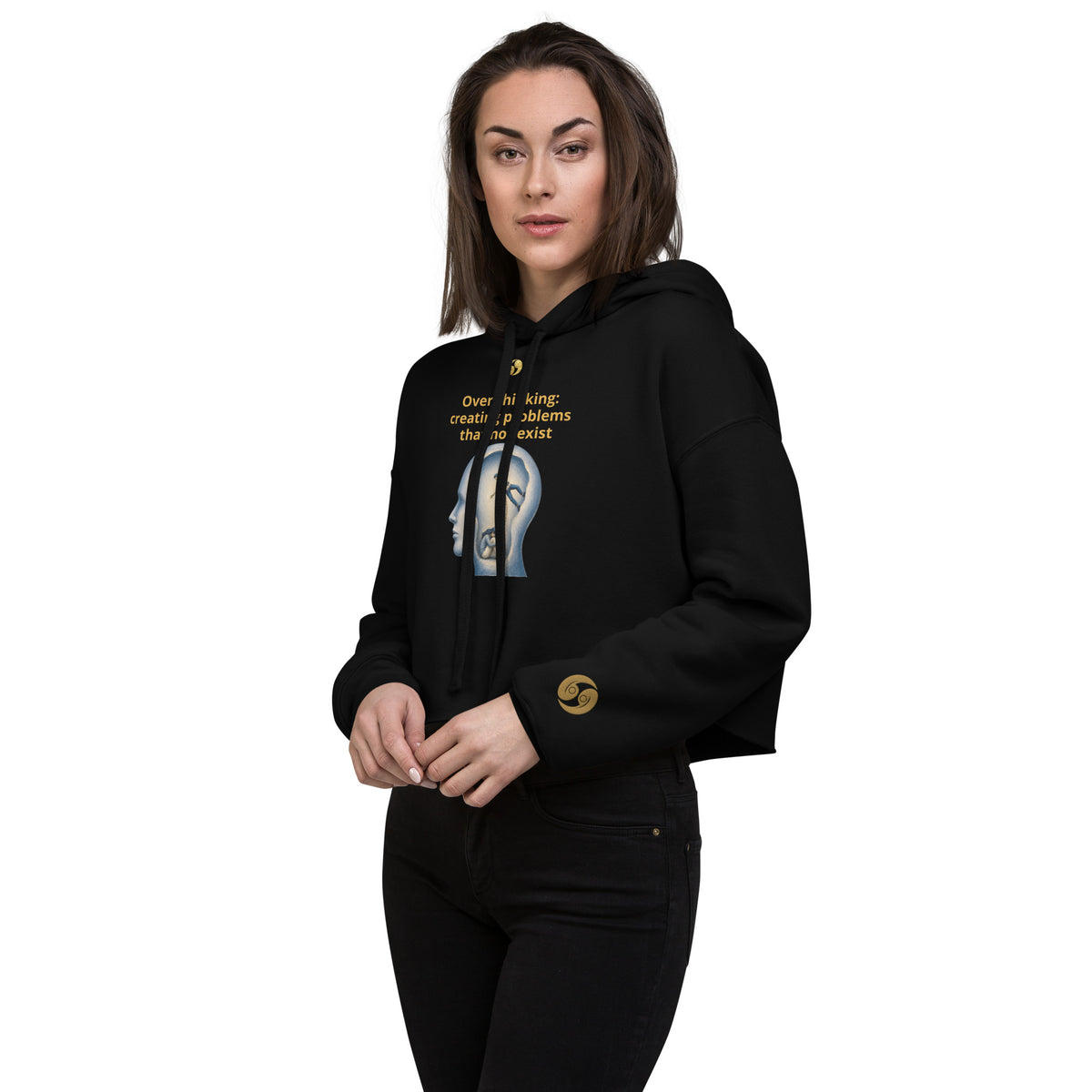 Cropped black hoodie with chest graphic, hood, long sleeves, front pocket