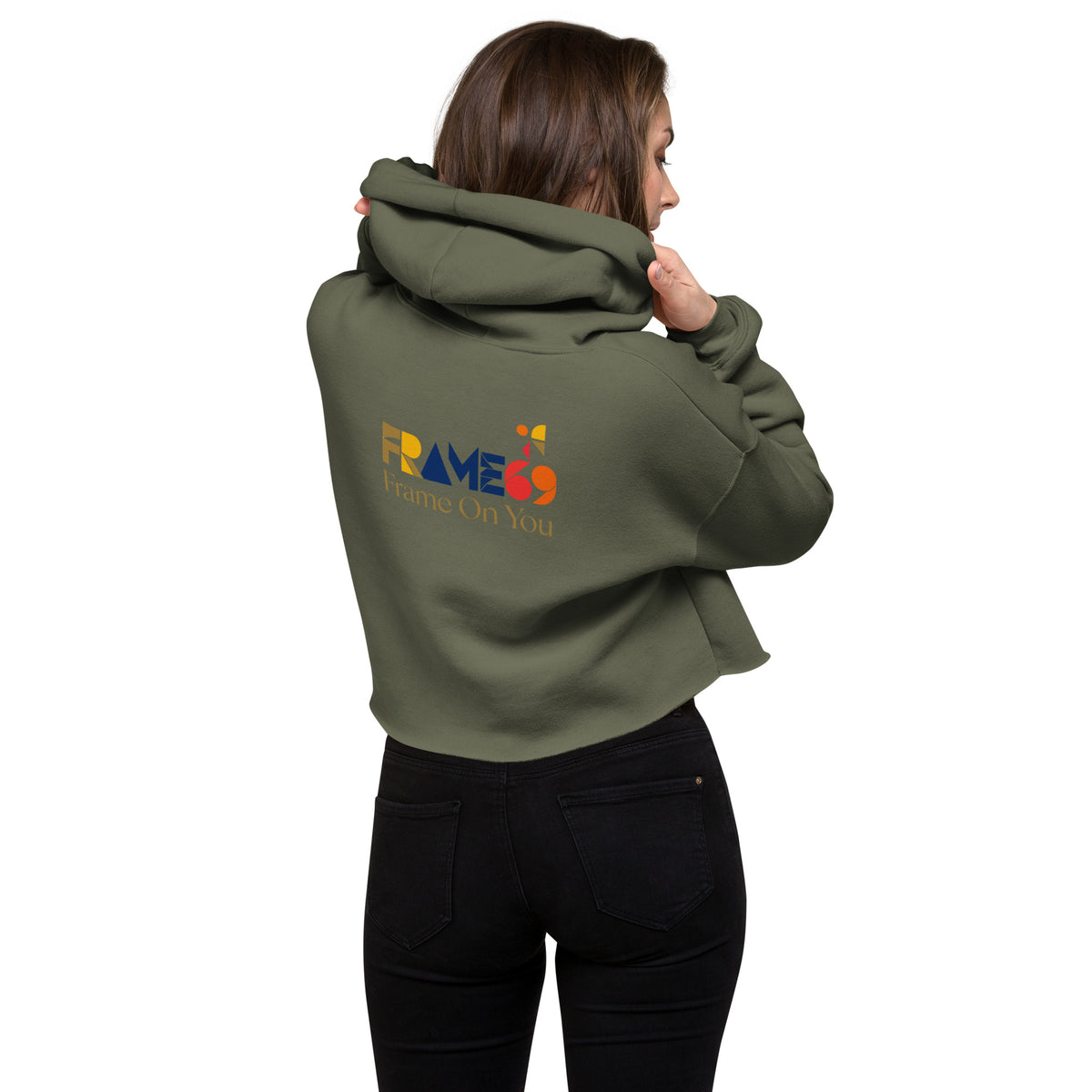 Cropped pullover hoodie in military green with large back print and hood