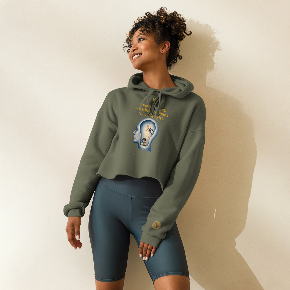 Cropped military green hoodie, hood up, long sleeves, front kangaroo pocket