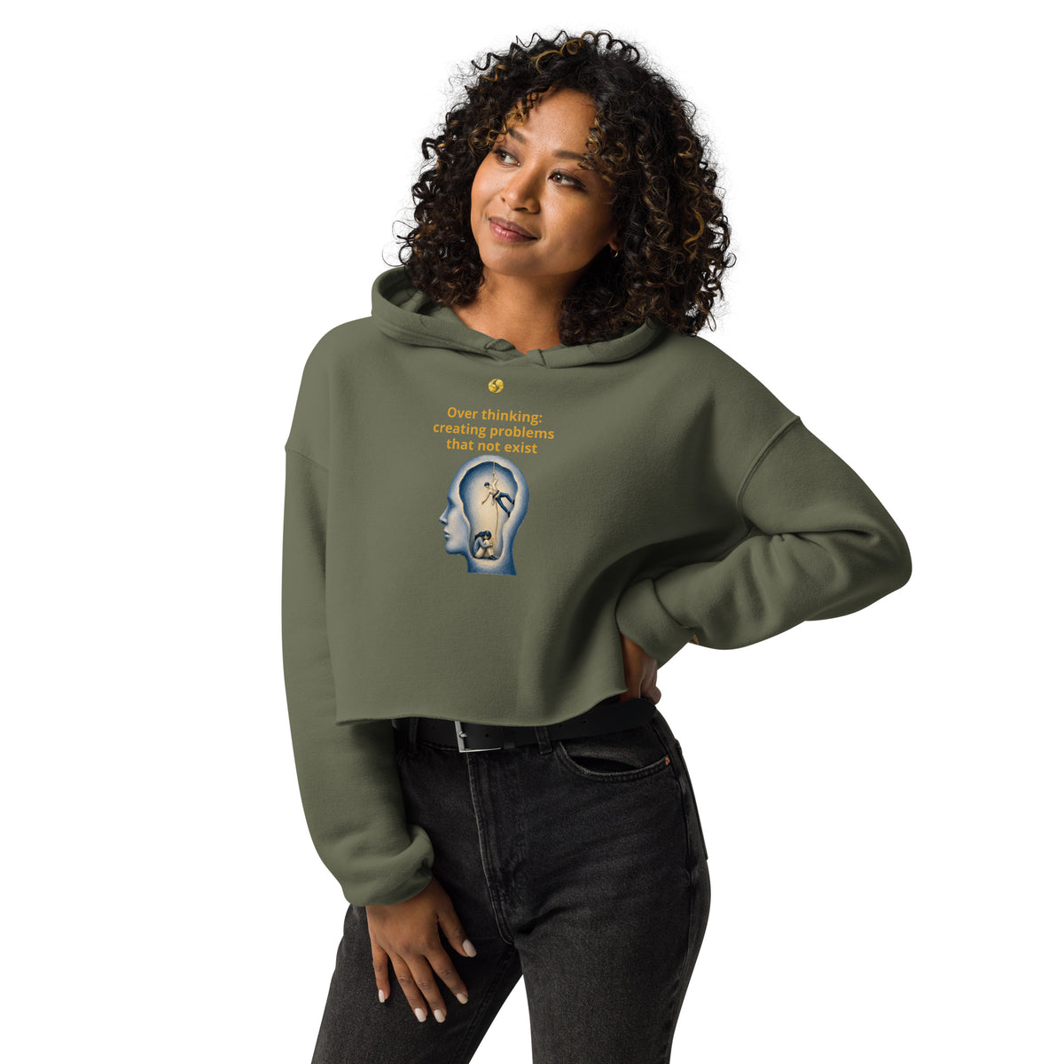 Cropped military green hoodie with chest graphic, hood, long sleeves, front pocket