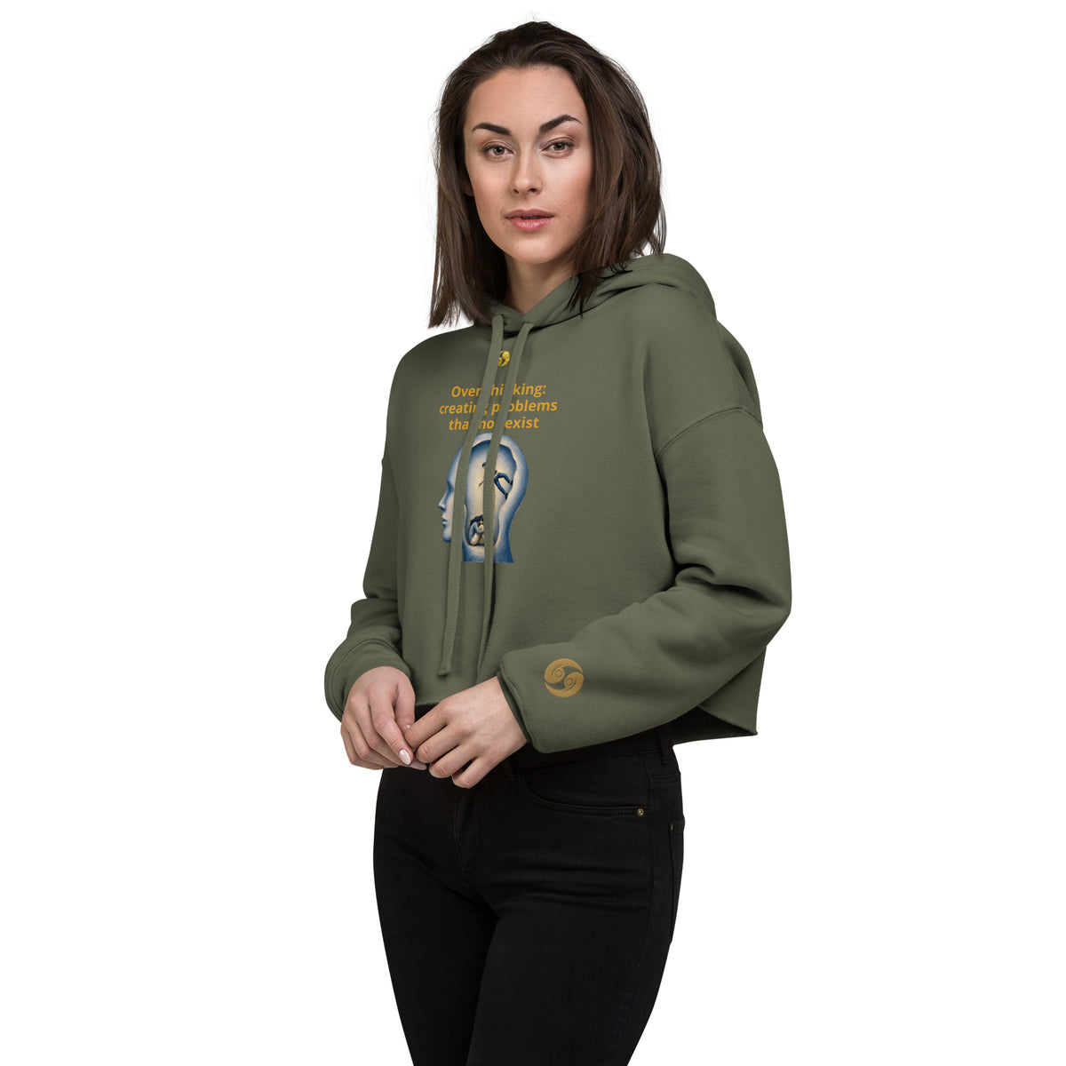 Cropped hoodie in military green with printed graphic on front, hooded neckline