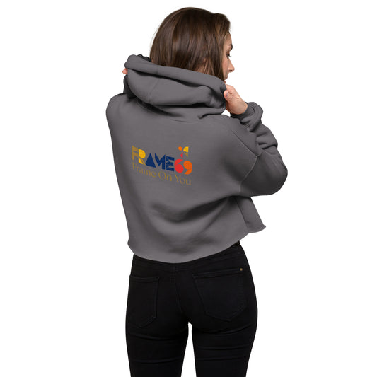 Cropped hoodie in dark gray, hood up, long sleeves, front kangaroo pocket