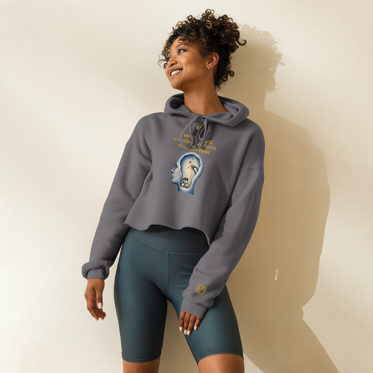 Cropped dark gray hoodie, hood up, long sleeves, front kangaroo pocket