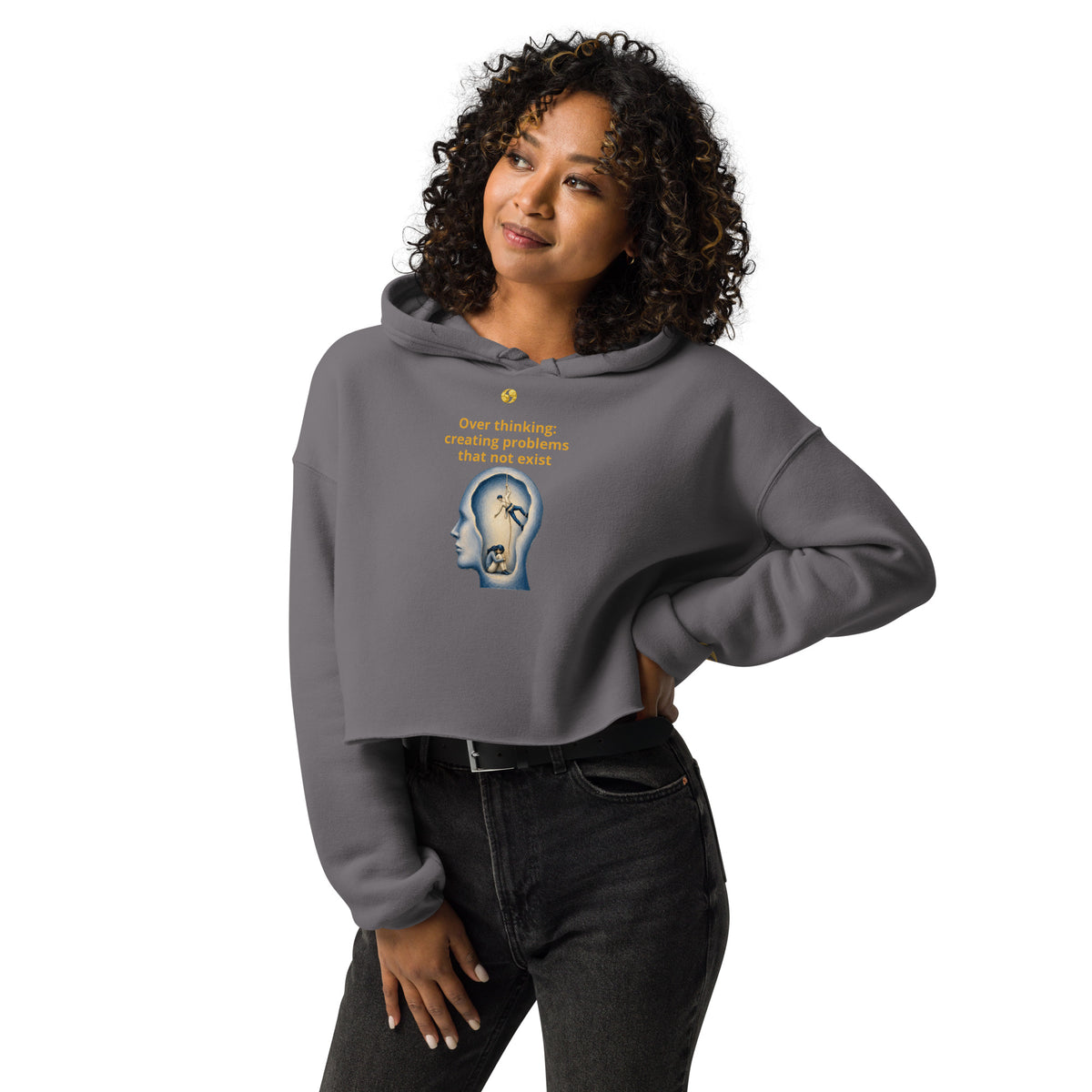 Cropped dark gray hoodie with chest graphic, hood, long sleeves, front pocket