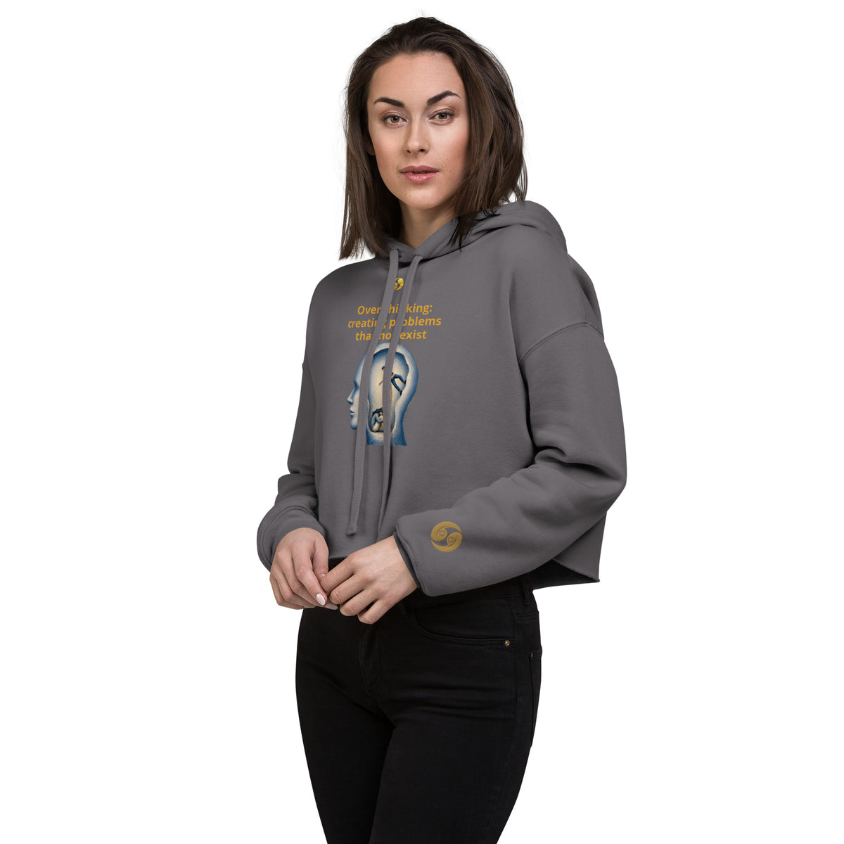 Cropped pullover hoodie in storm gray with front graphic, hood and long sleeves