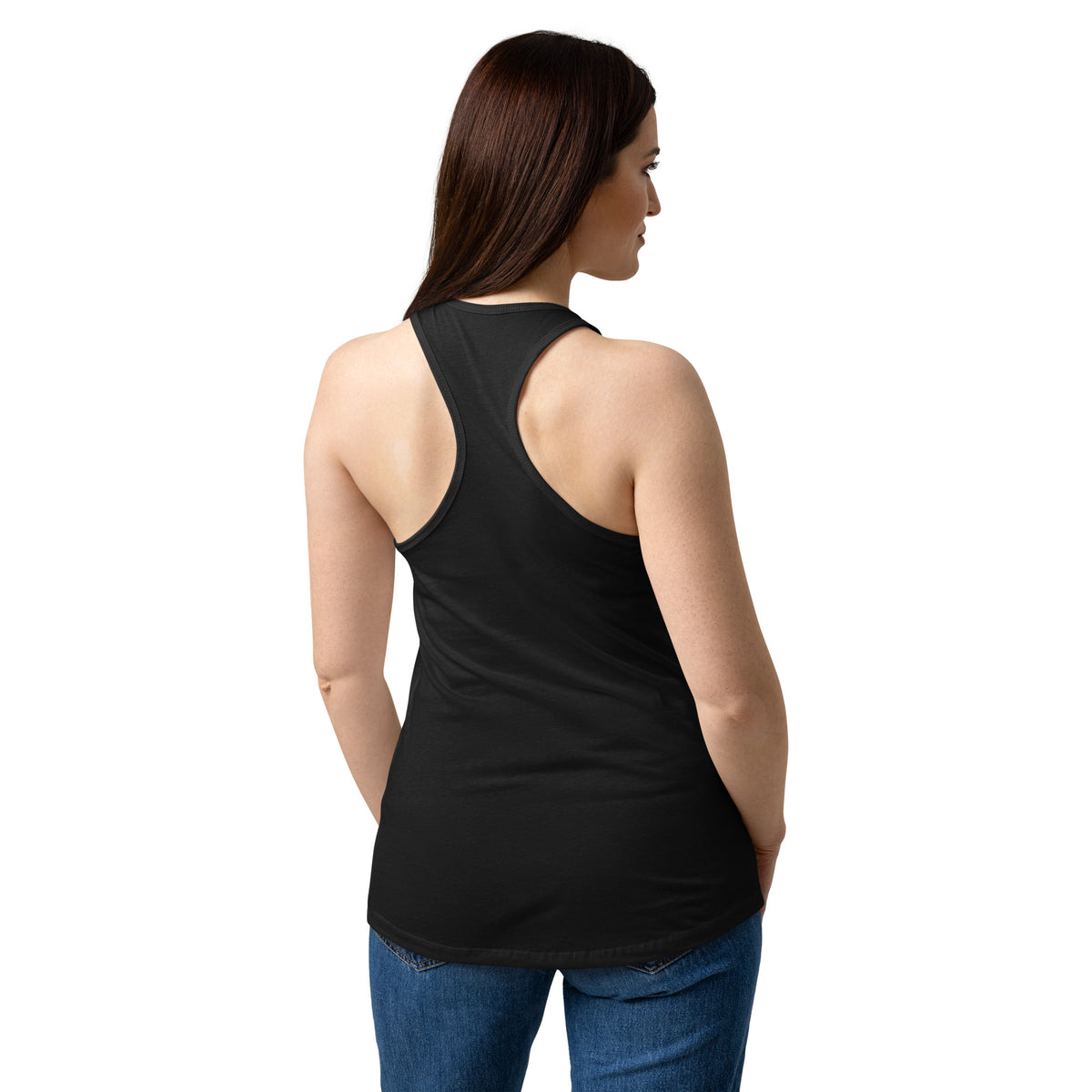 Black racerback tank top, racerback back view with sleeveless cut