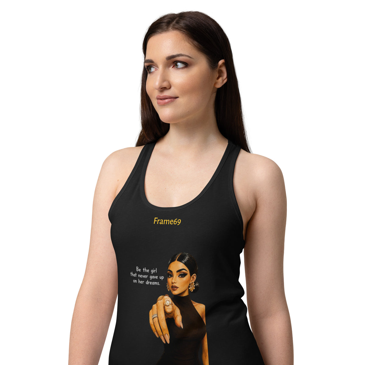 Black racerback tank top with front graphic print