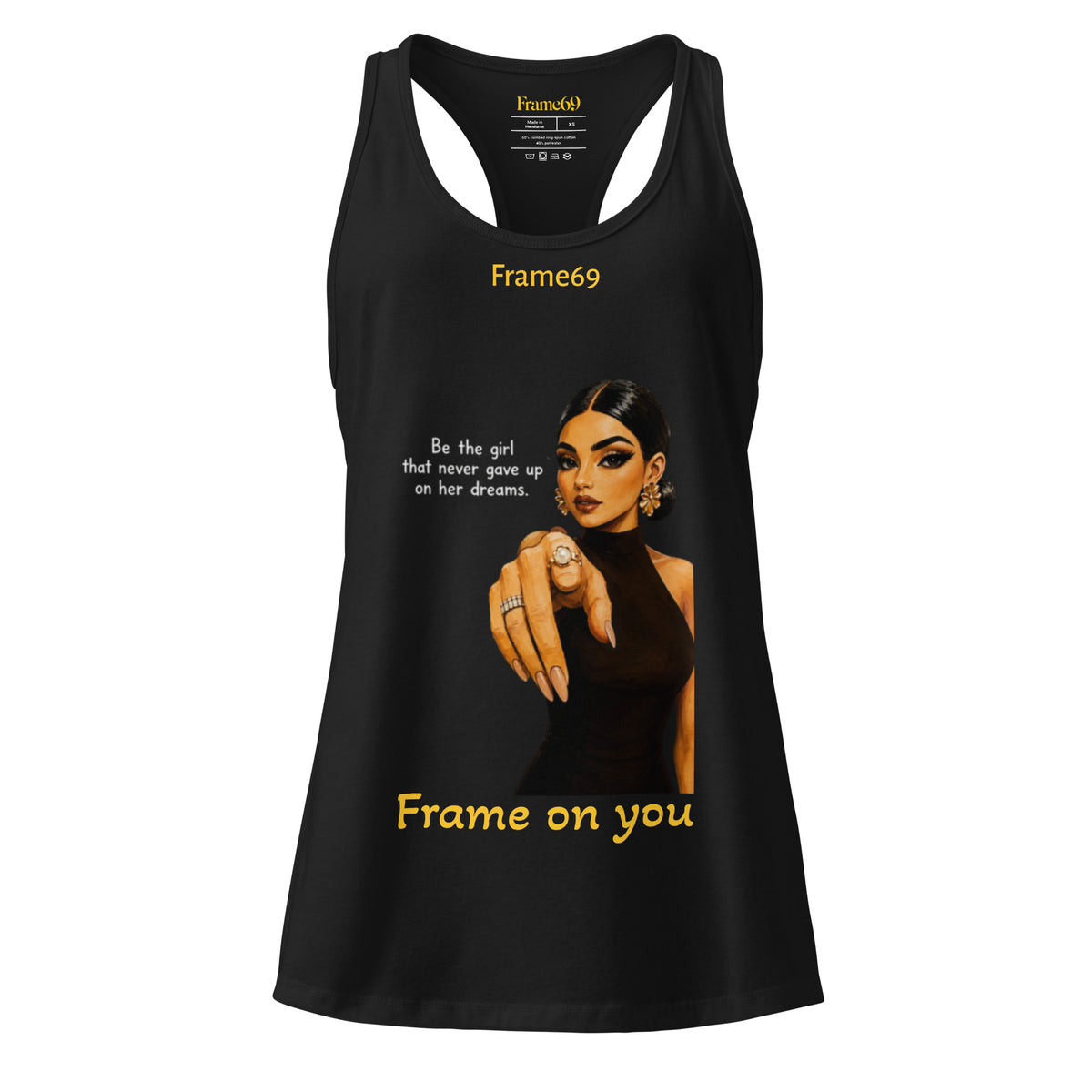 Black racerback tank top, scoop neck, with front graphic text and portrait print