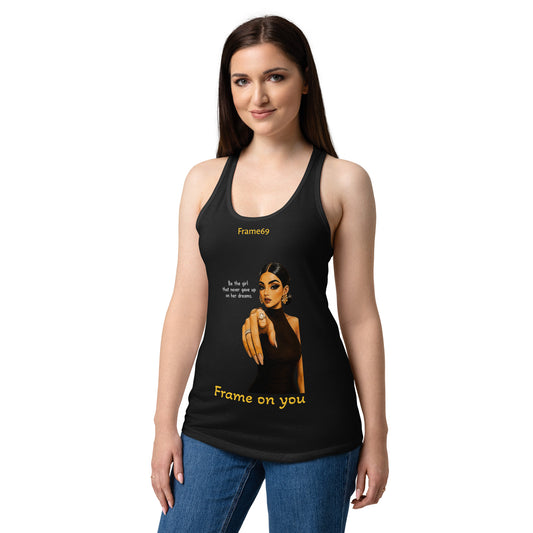 Black racerback tank top with graphic front print and scoop neckline