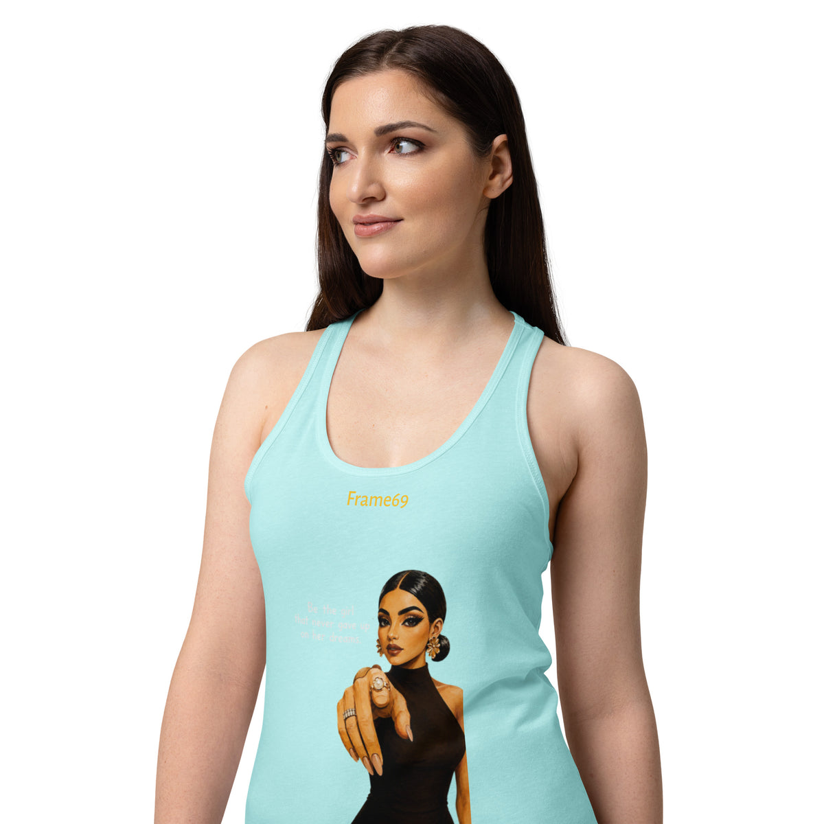 Tahiti blue racerback tank top, scoop neck, graphic on front