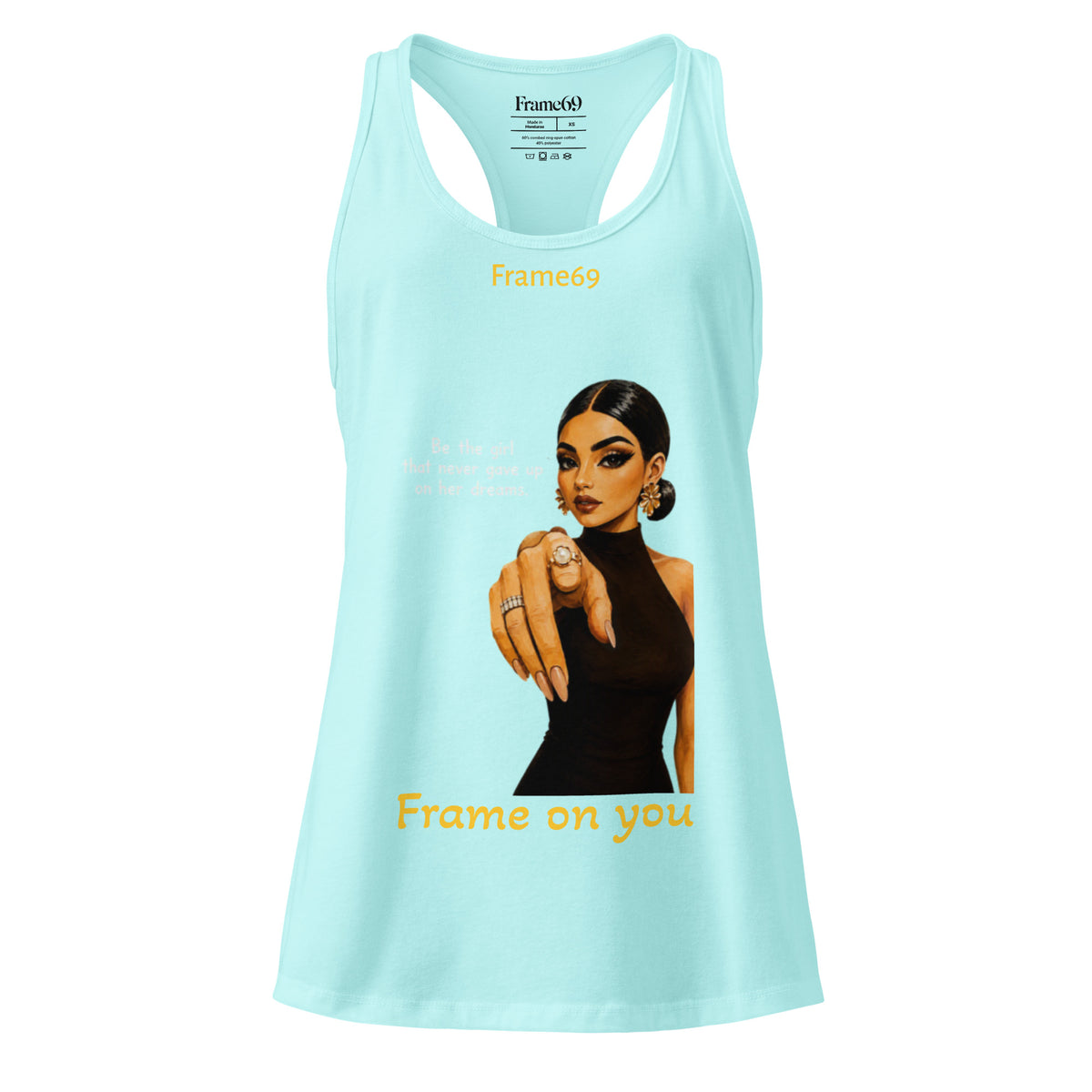 Light teal racerback tank top with front portrait graphic and yellow text