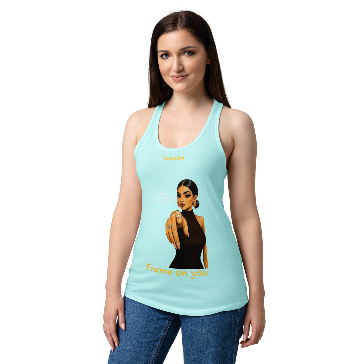 Teal racerback tank top with graphic front print and scoop neckline