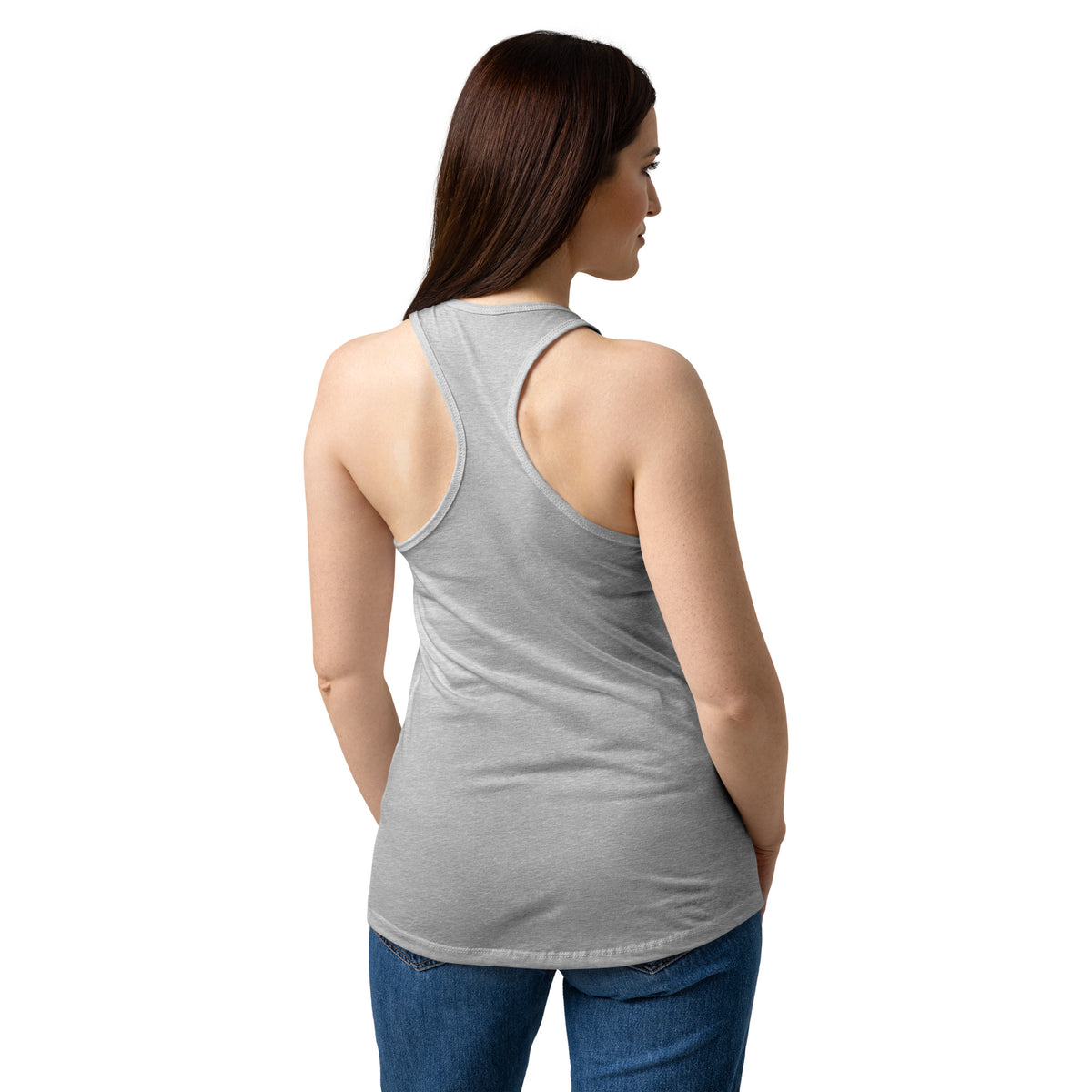 Heather gray racerback tank top, racerback back view with sleeveless cut