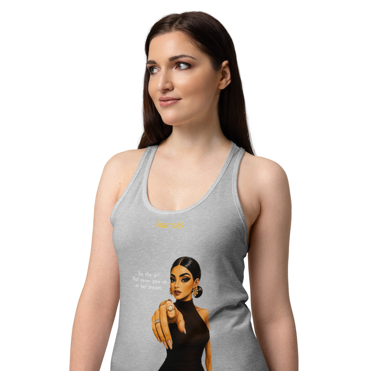 Heather gray racerback tank top with front graphic print