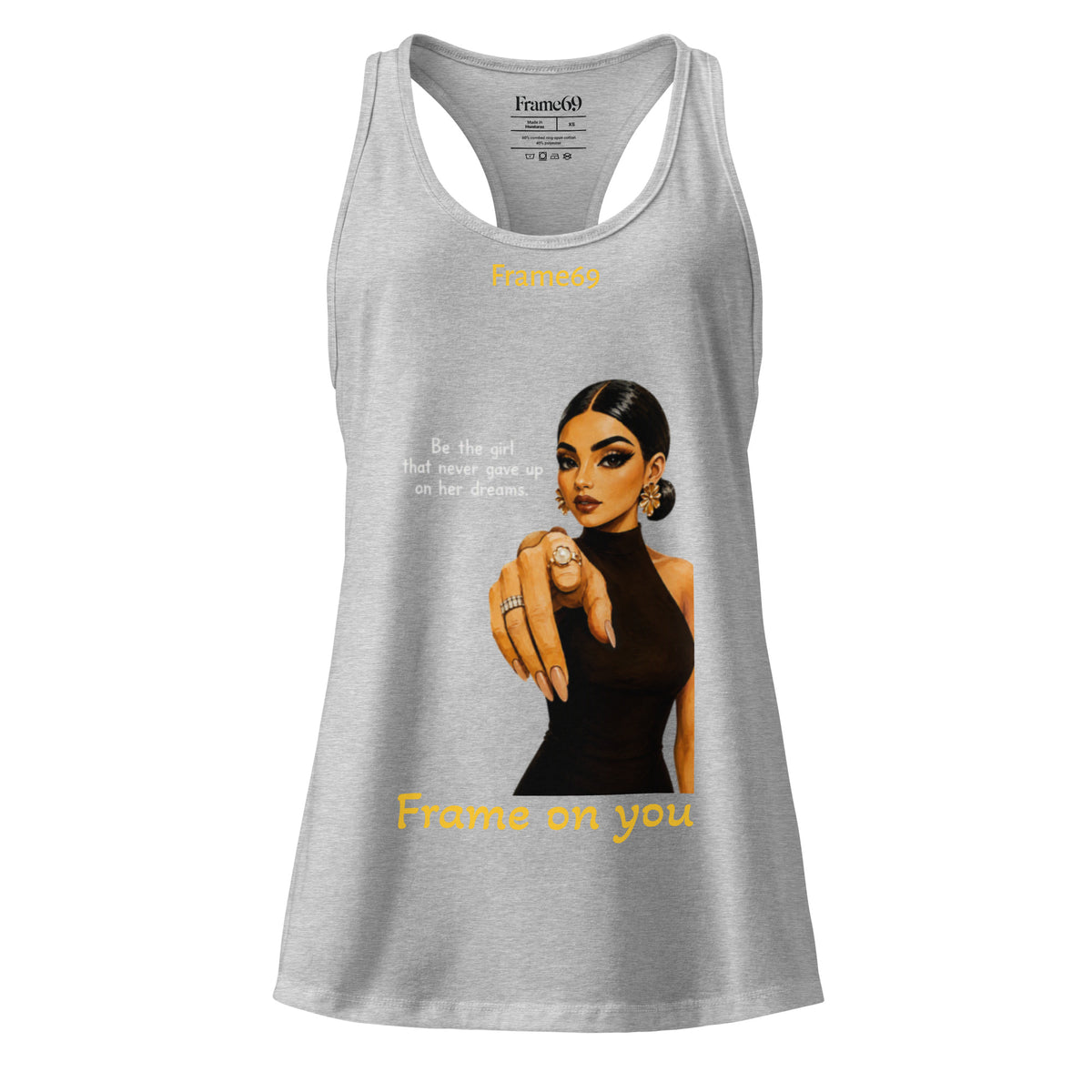 Heather gray racerback tank top with front portrait graphic and yellow text