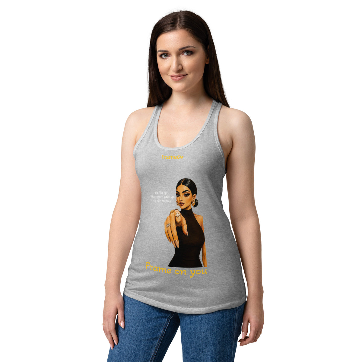 Heather gray racerback tank top with graphic front and scoop neckline