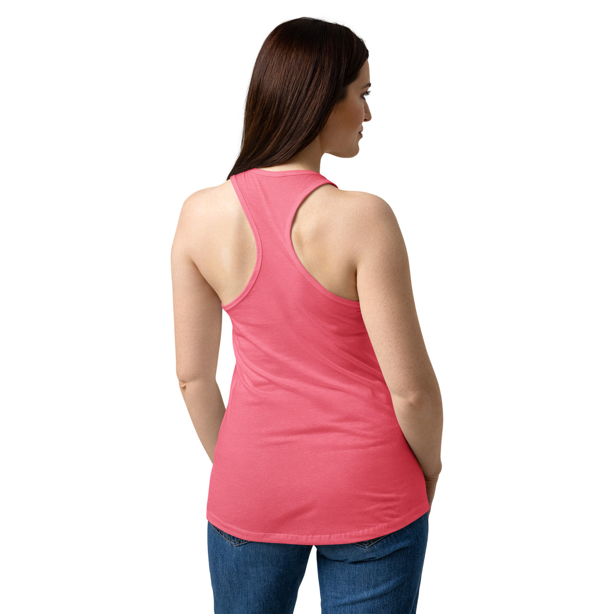 Hot pink racerback tank top, racerback back view with sleeveless cut