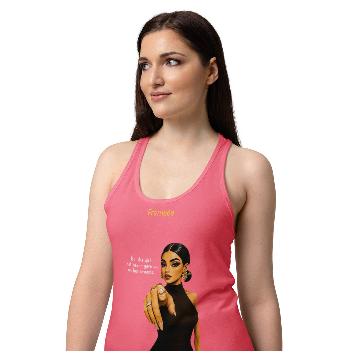 Hot pink racerback tank top with front graphic print