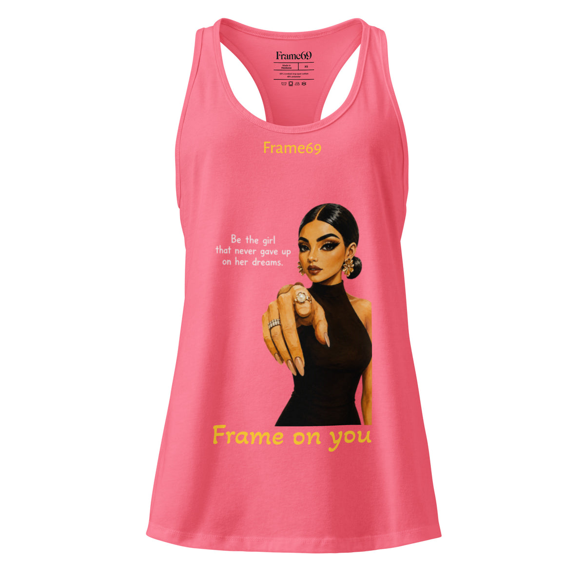 Hot pink racerback tank top with front graphic portrait and yellow text