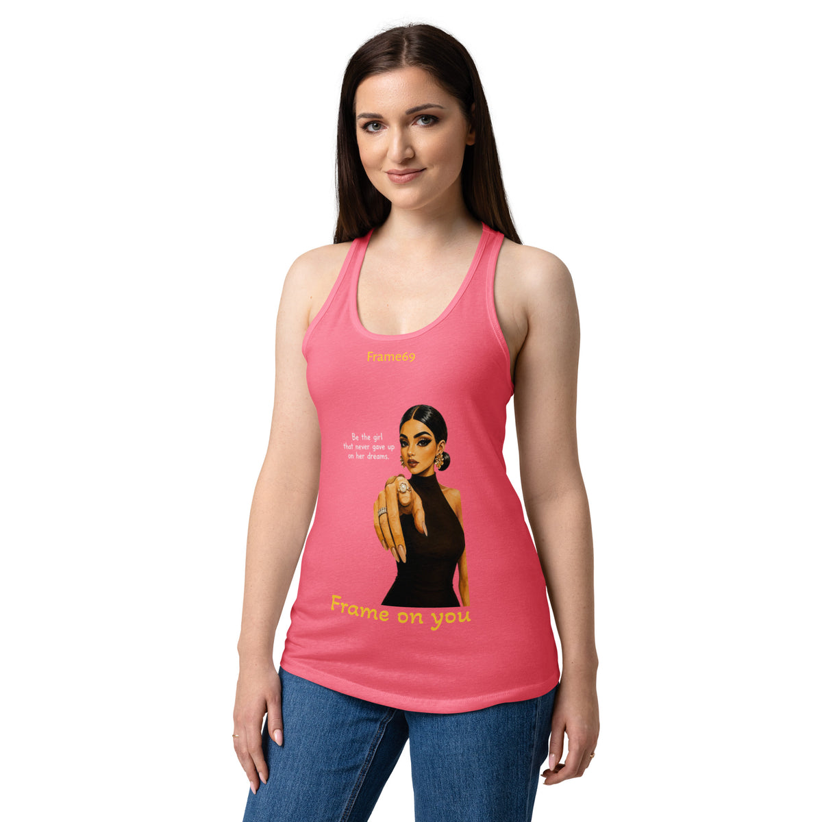 Hot pink racerback tank top with front graphic print and scoop neckline