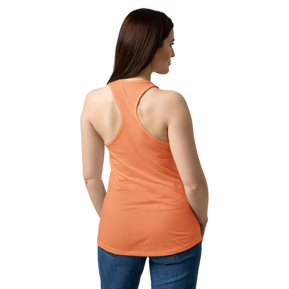Light orange racerback tank top, racerback back view with sleeveless cut