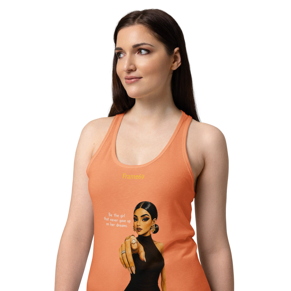Light orange racerback tank top with front graphic print