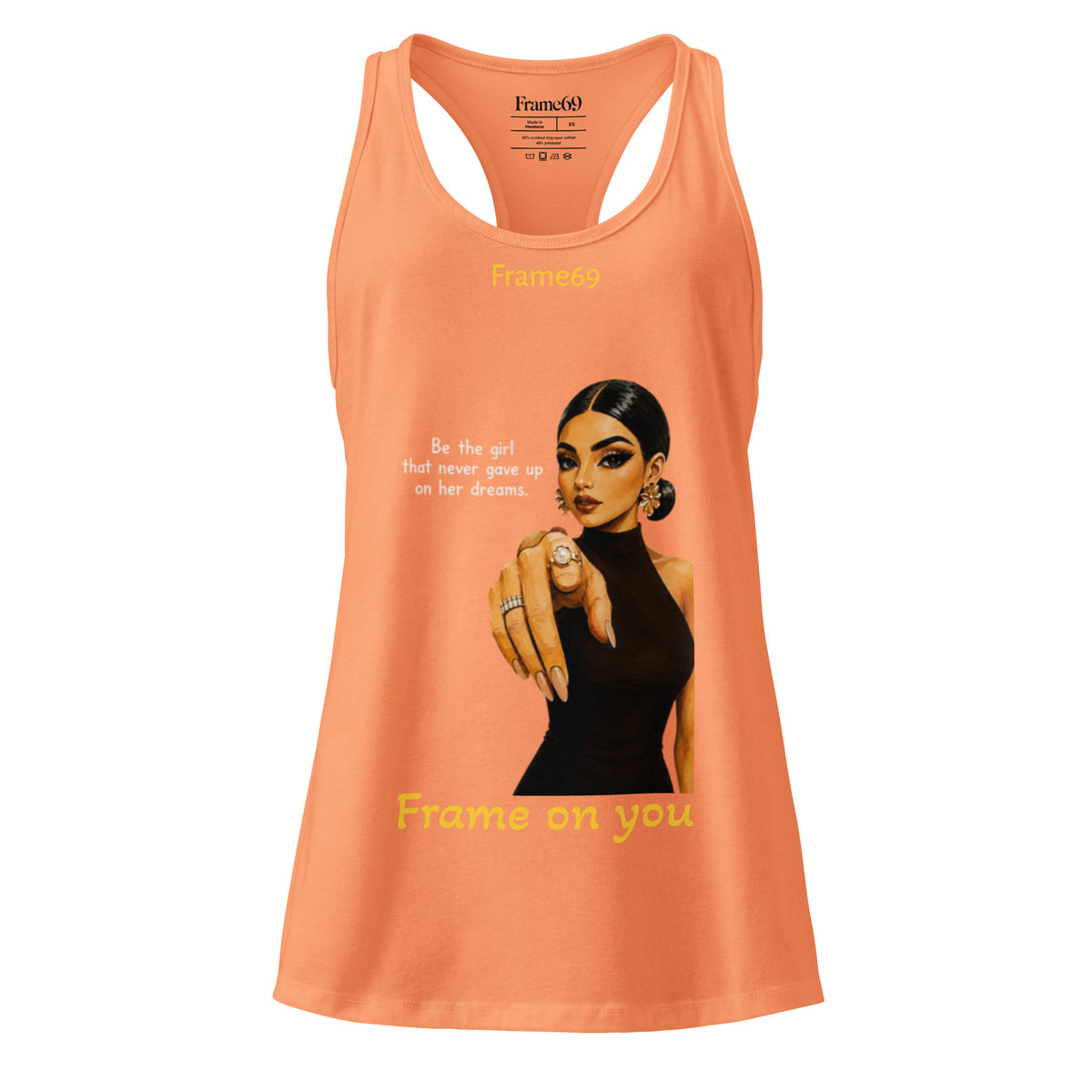 Light orange racerback tank top with front portrait graphic and yellow text